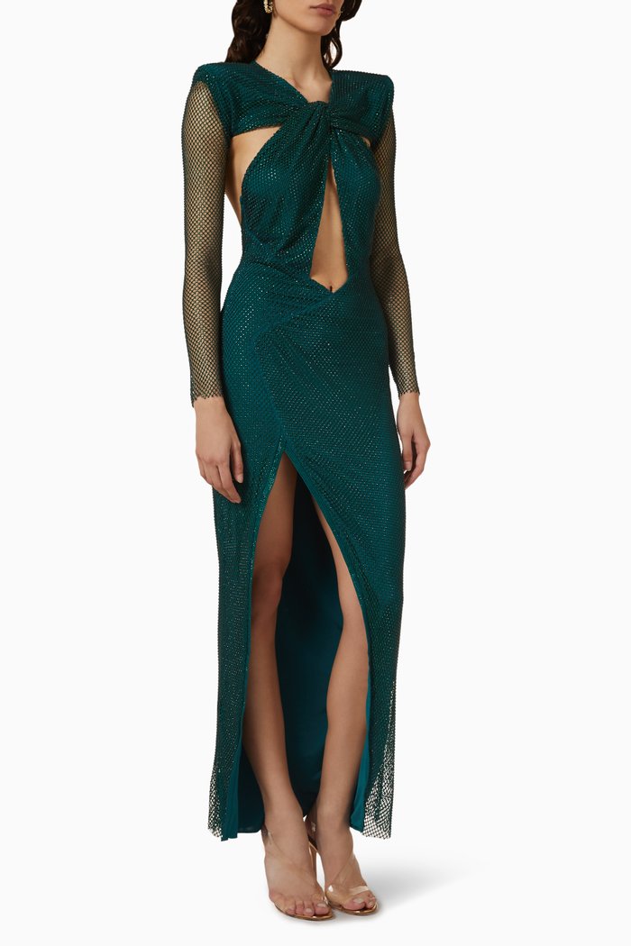 Cut-out Crystal-embellished Midi Dress in Fishnet, Green