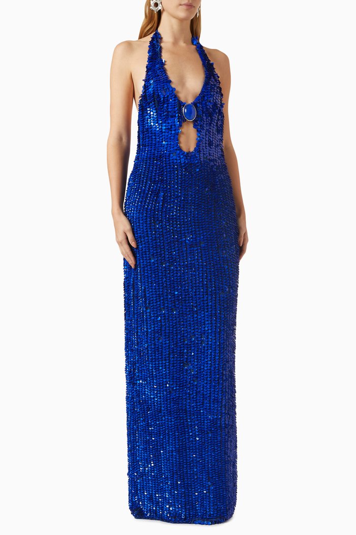 Halterneck Gown in Sequins, Blue