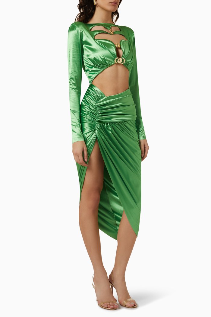 

Asymmetrical Cut-out Midi Dress in Satin, Green