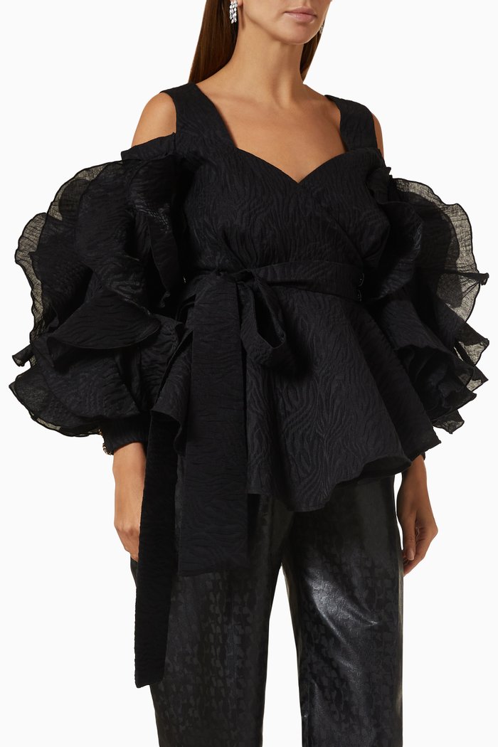 Ruffled-sleeve Cold-shoulder Top, Black