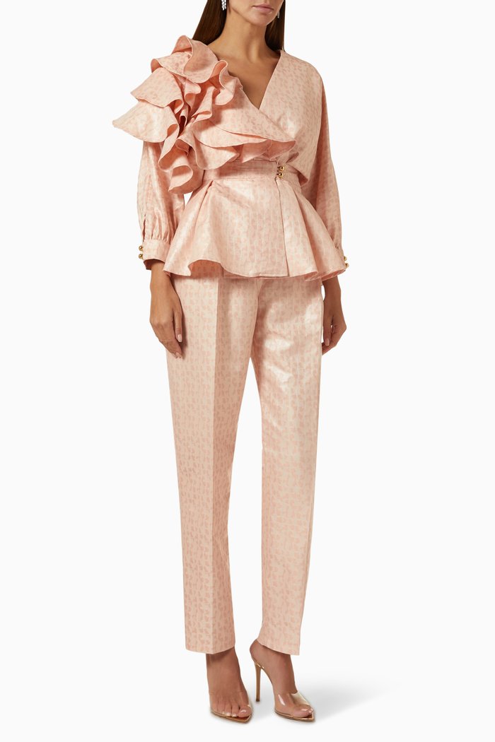 

Ruffled Wrap Top & Pants Set in Jacquard, Orange