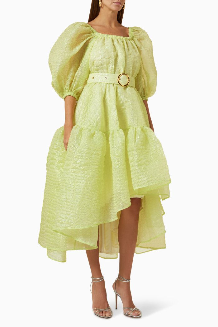 Puff-sleeve Ruffled Midi Dress, Green