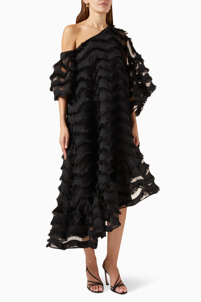 

Feathery One-Sleeve Midi Dress, Black