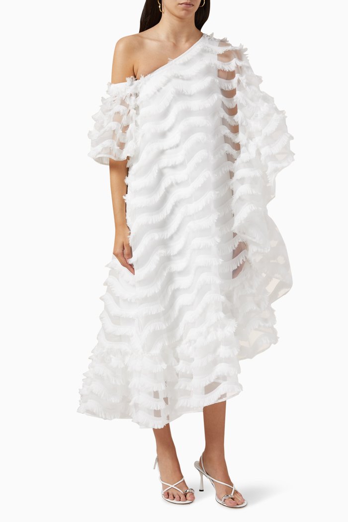 Feathery One-Sleeve Midi Dress, Neutral