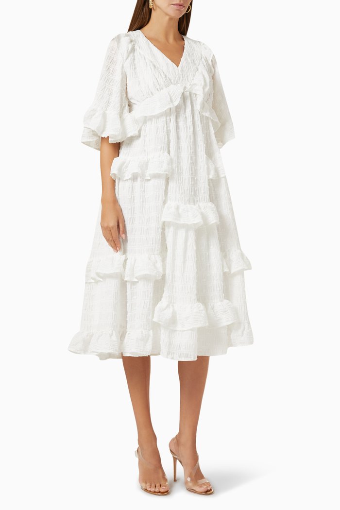 

V-neck Ruffled Midi Dress in Cotton-blend, Neutral