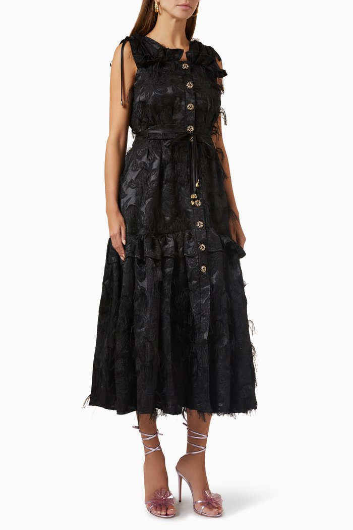

Button-front Midi Dress in Jacquard, Black