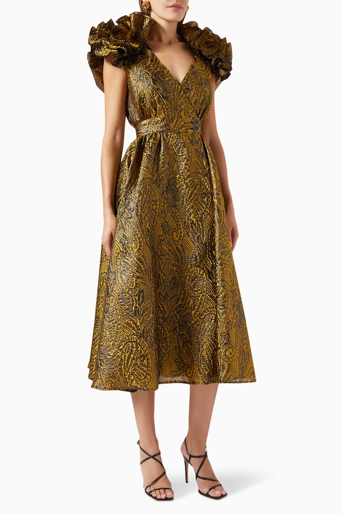 Ruffled Sleeve Envelope Midi Dress, Brown
