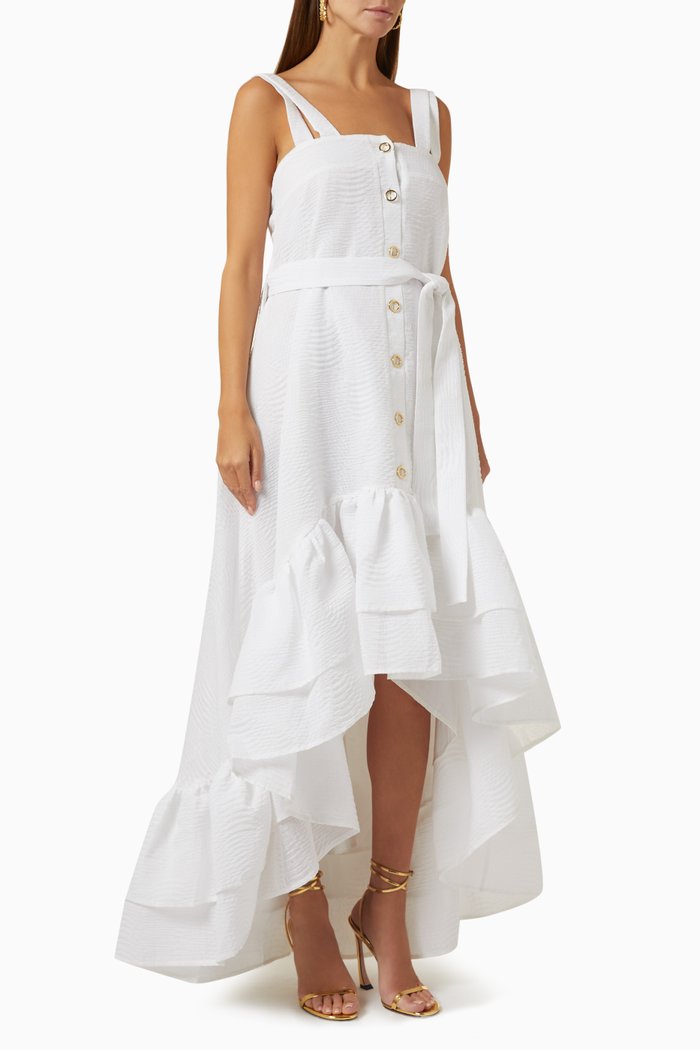

Ruffled Midi Dress in Jacquard, White