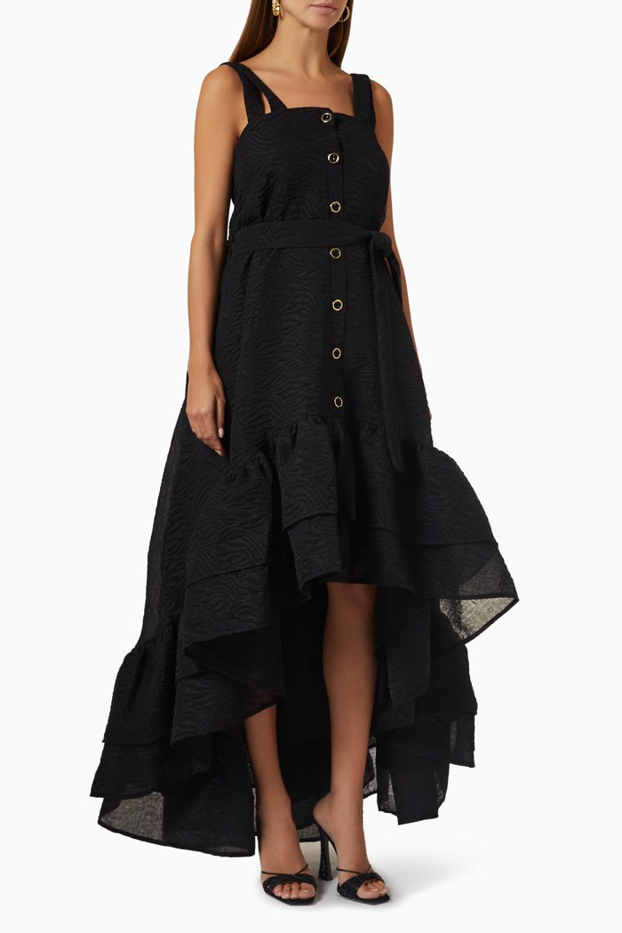 Ruffled Midi Dress in Jacquard, Black