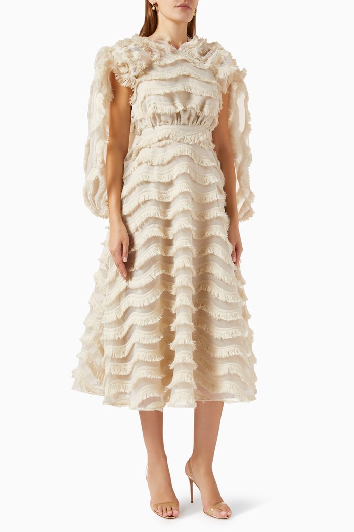 

Tiered Feathery Midi Dress, Neutral