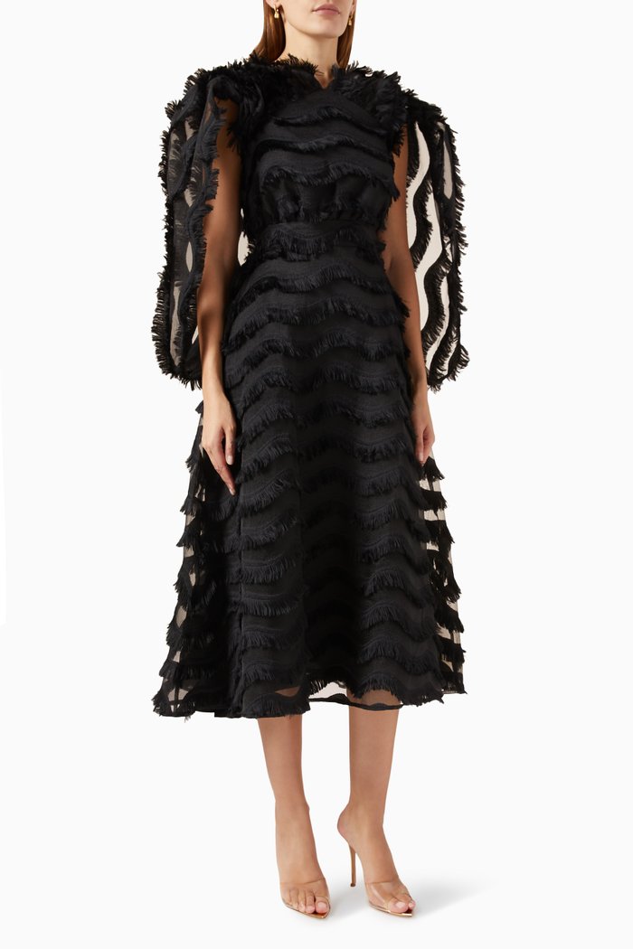

Tiered Feathery Midi Dress, Black