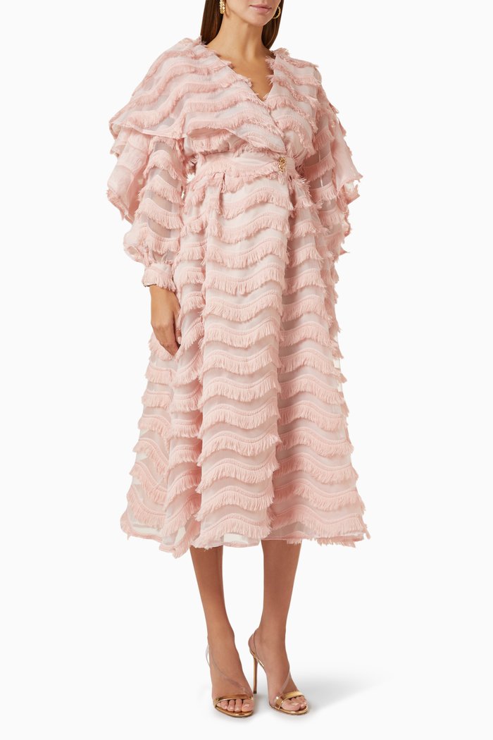 

Fringe-trimmed Midi Wrap Dress, Pink