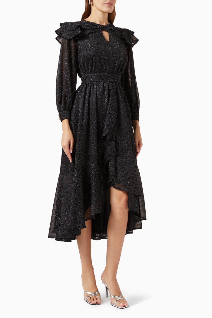 

Ruffle Shoulder Midi Dress, Black