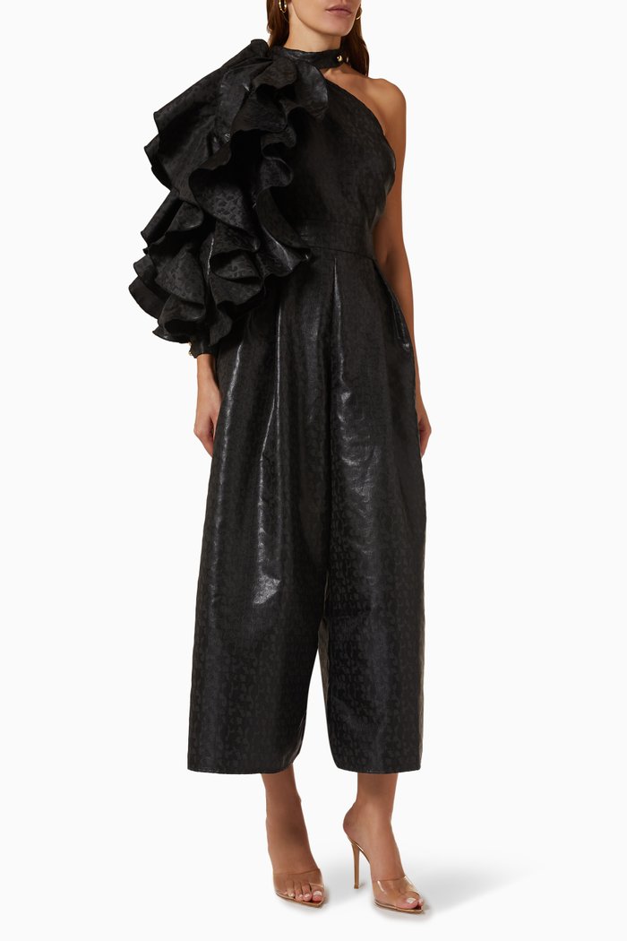 

Ruffled One-shoulder Jumpsuit in Jacquard, Black