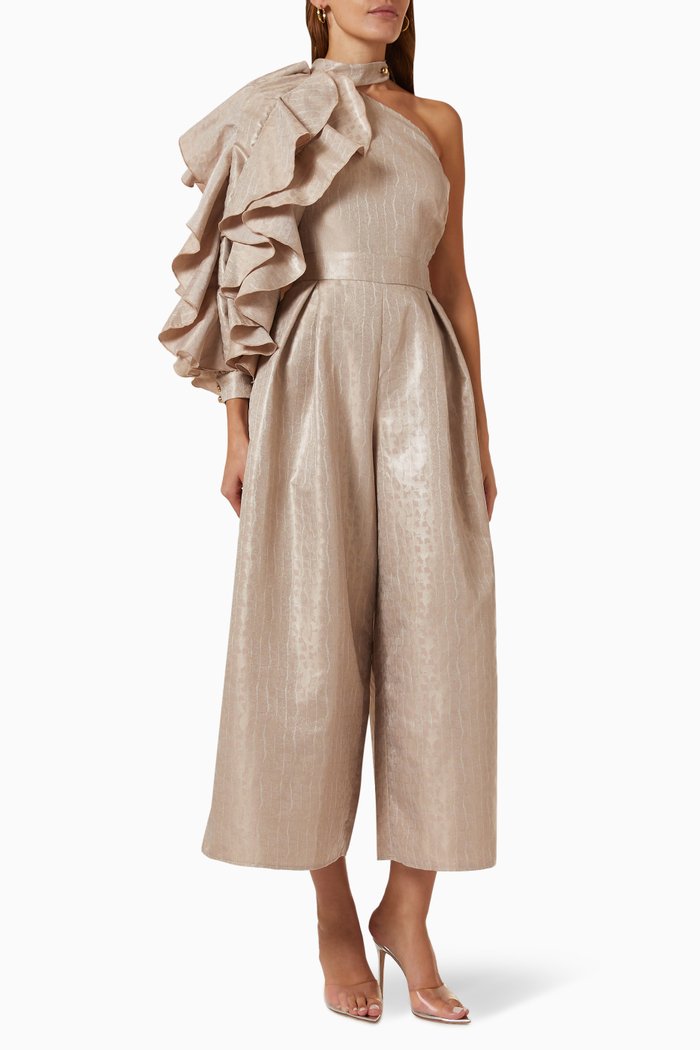 

Ruffled One-shoulder Jumpsuit in Metallic Jacquard, Neutral