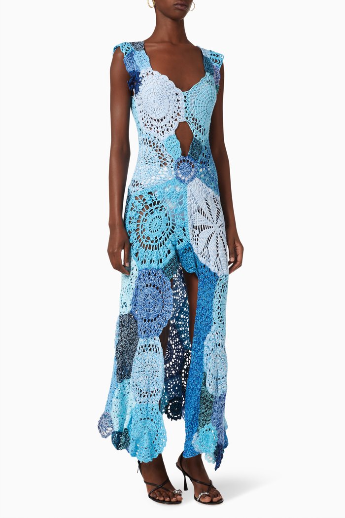 

Mermaid Crochet Maxi Dress in Cotton, Blue