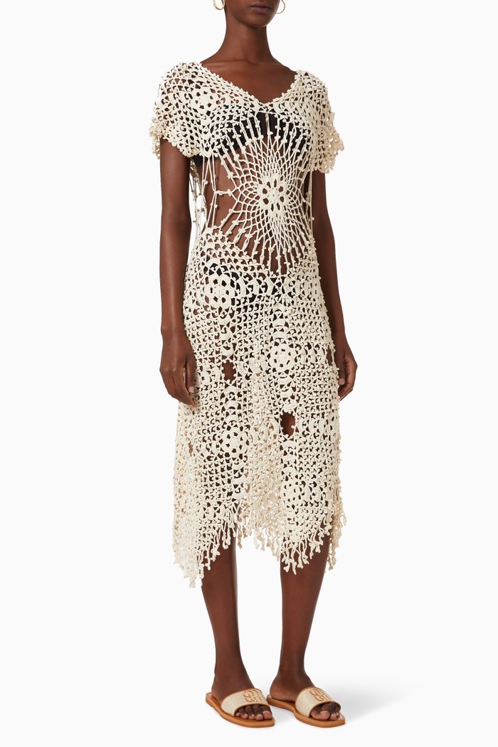 

Yell Raw Crochet Midi Dress in Cotton, Neutral