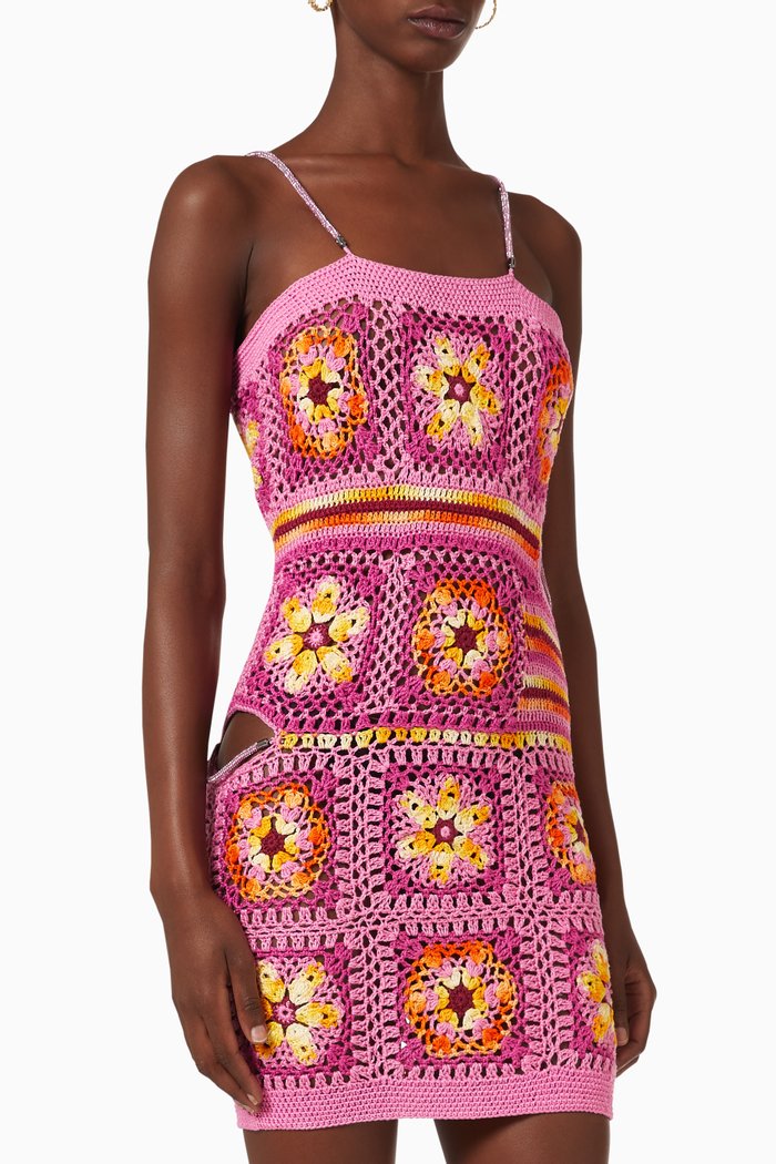 

Flowers Rhinestone-embellished Mini Crochet Dress in Cotton, Pink