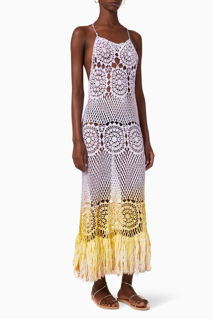 

Las Medusas Fringed Crochet Midi Dress in Cotton, Multicolour