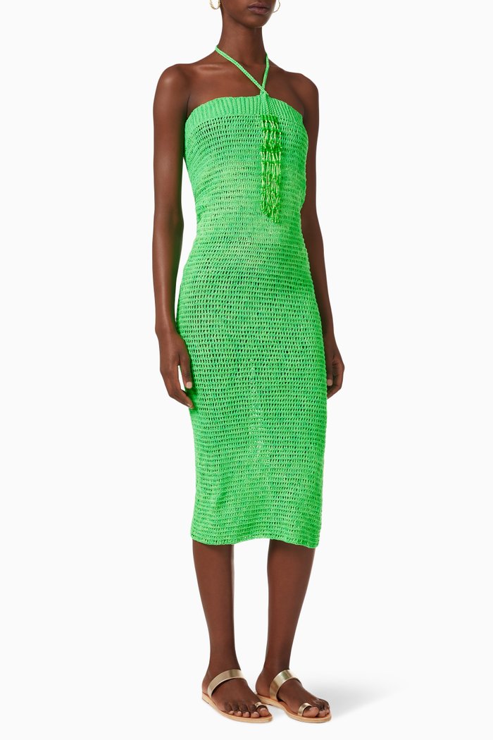 

Calla Salada Beaded Crochet Midi Dress in Cotton, Green