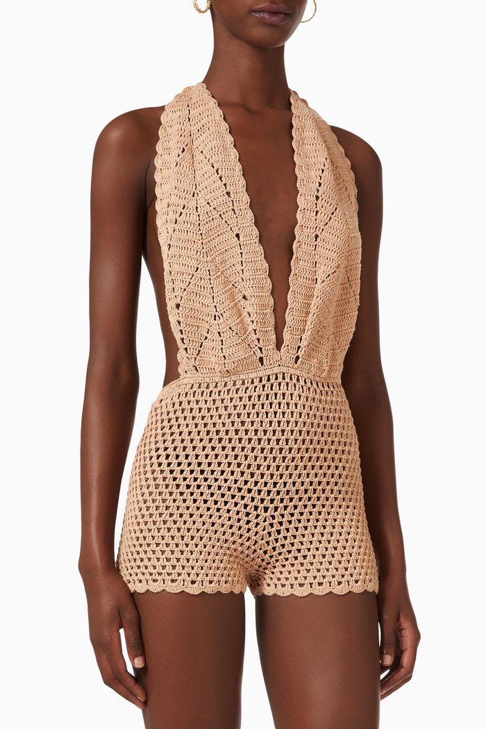 

Bory Renewal Crochet Romper in Cotton, Brown