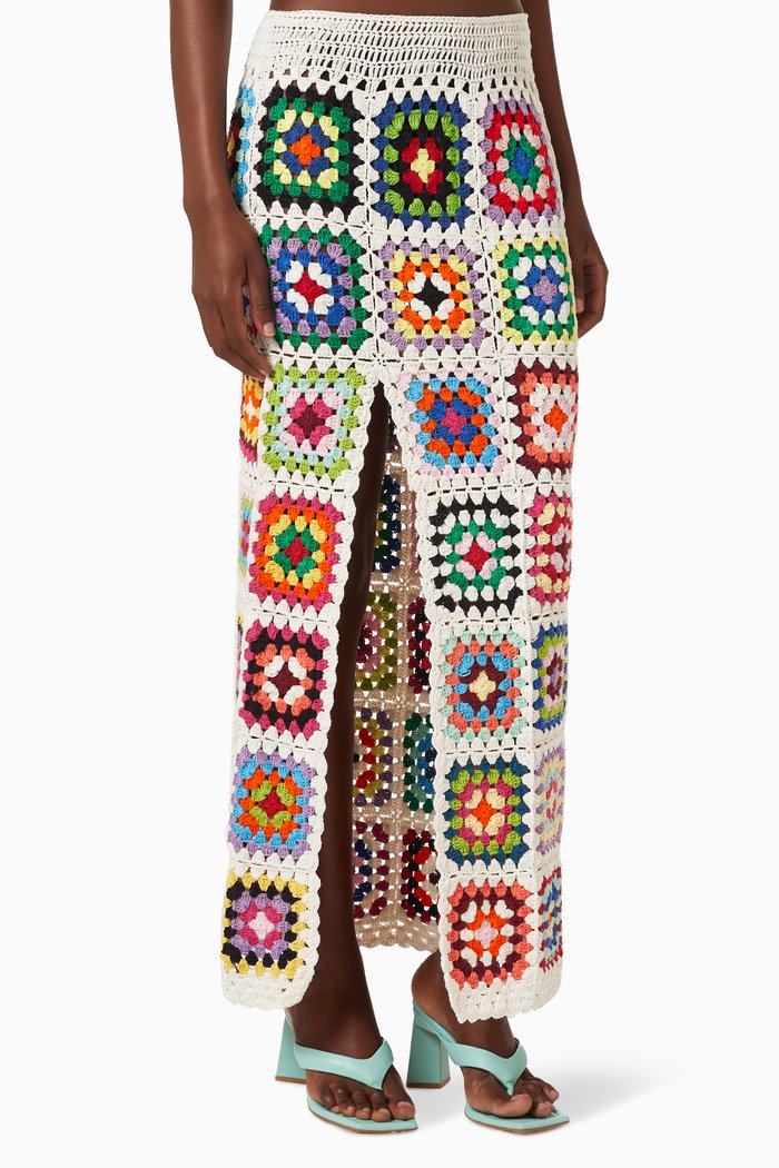 Love Square Crochet Midi Skirt in Cotton, Multicolour
