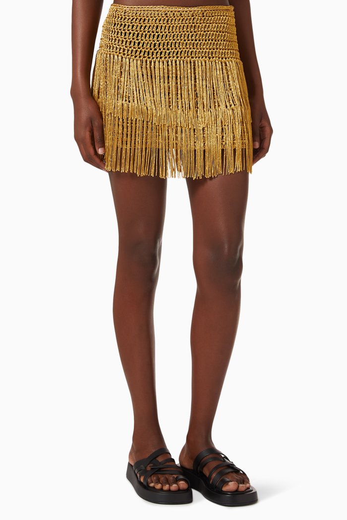 Ibiza Fringed Crochet Mini Skirt, Gold