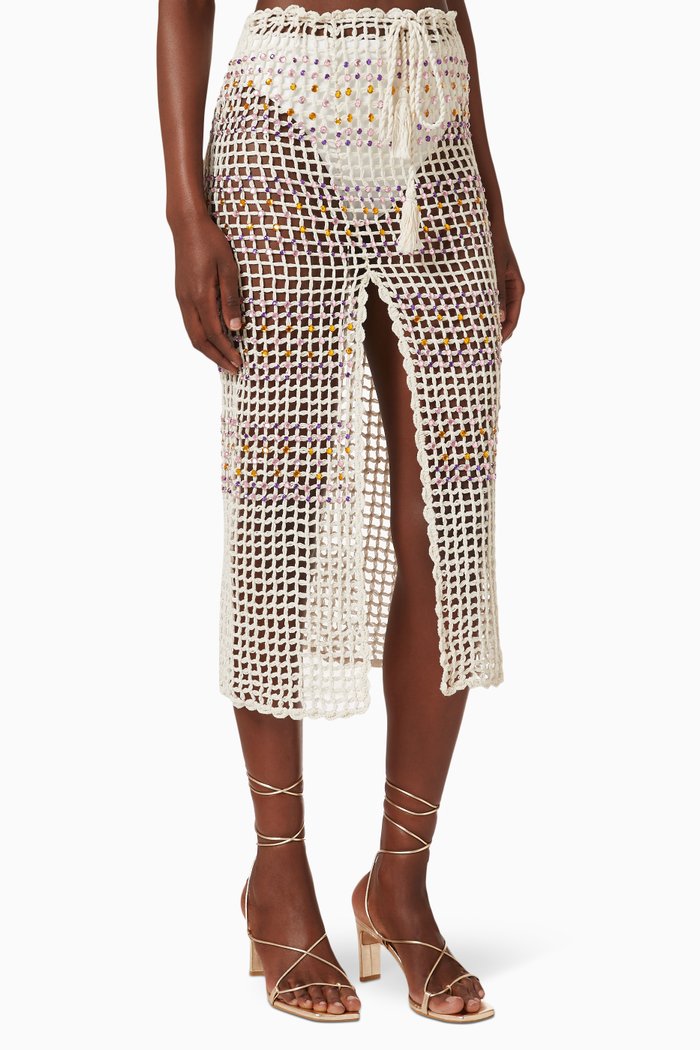 Crystal-embellished Crochet Maxi Skirt in Cotton, Neutral