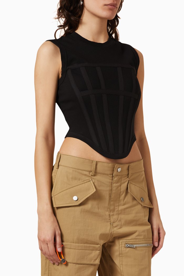 

Ribbed Corset Tank Top in Organic Cotton, Black