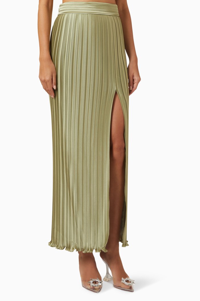 

Salma Pleated Maxi Skirt in Satin, Green
