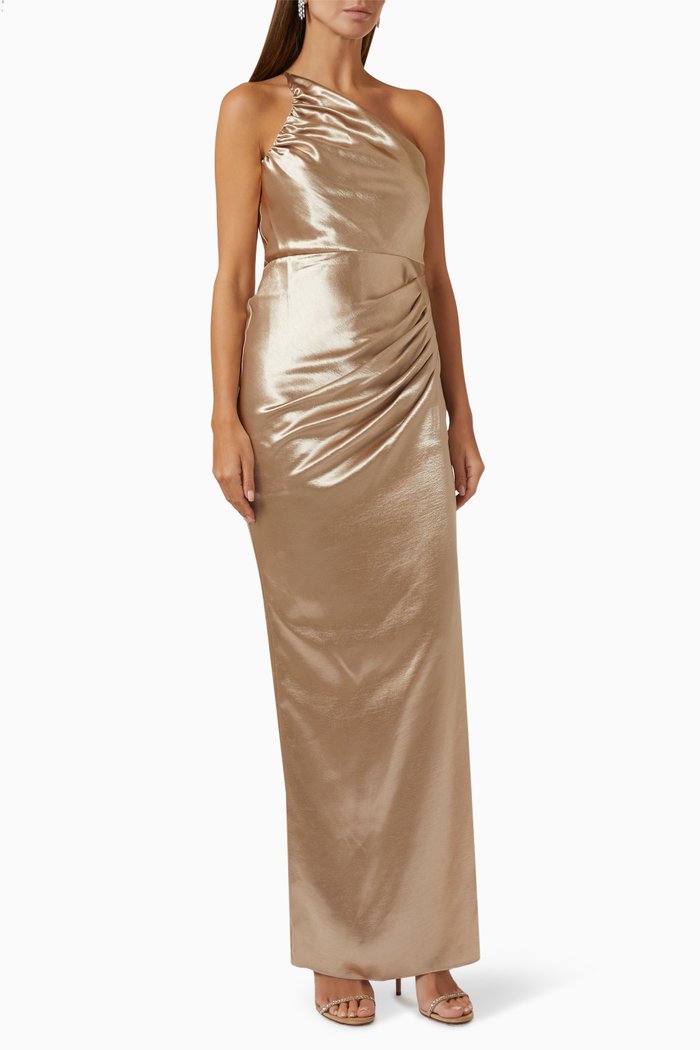 

Mira One-shoulder Gown in Metallic Satin, Neutral