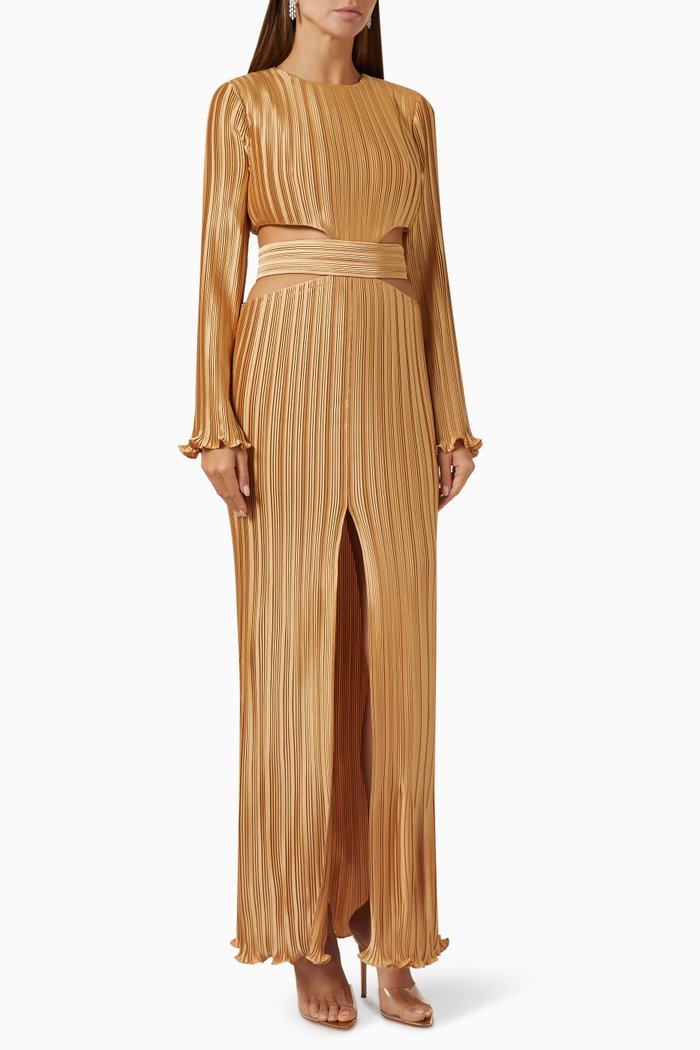 

Phillipa Pleated Gown in Metallic Satin, Brown