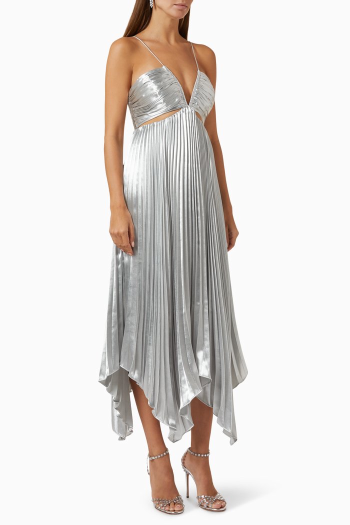 Evie Midi Dress in Metallic Satin, Silver