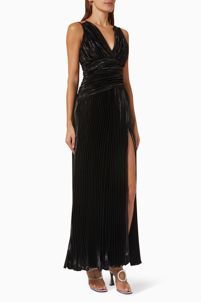 

Vera Pleated Gown in Metallic Satin, Black