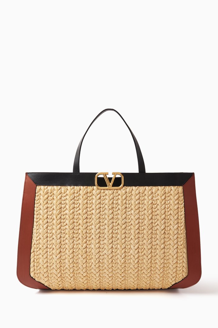 

Valentino Garavani VLOGO Signature Tote Handbag in Raffia, Neutral