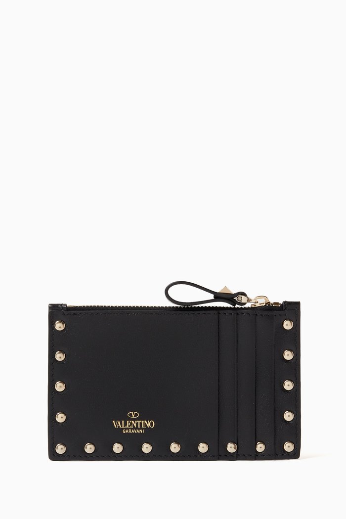 

Valentino Garavani Rockstud Zip Card Holder in Vitello leather, Black