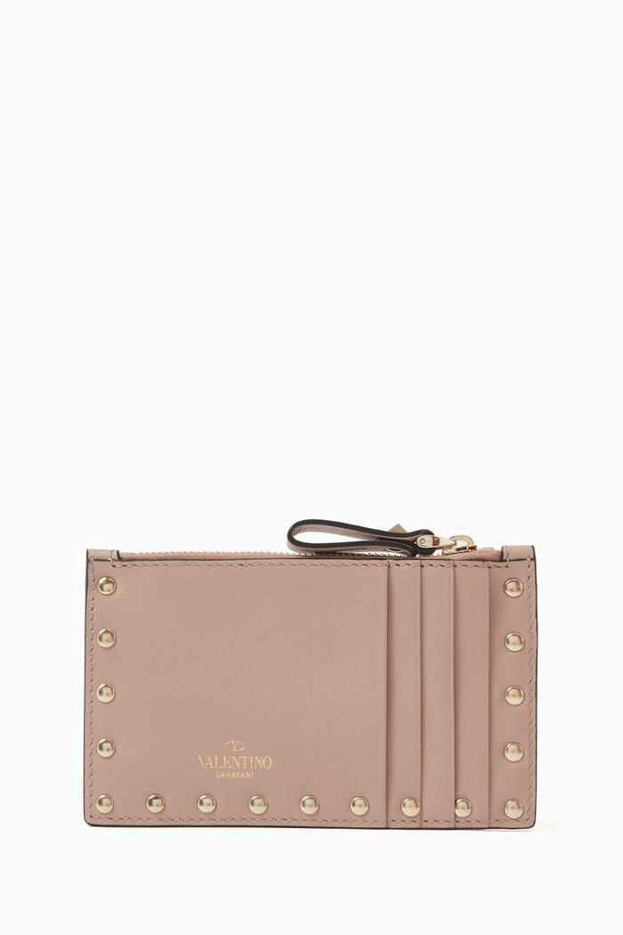 

Valentino Garavani Rockstud Zip Card Holder in Vitello leather, Neutral