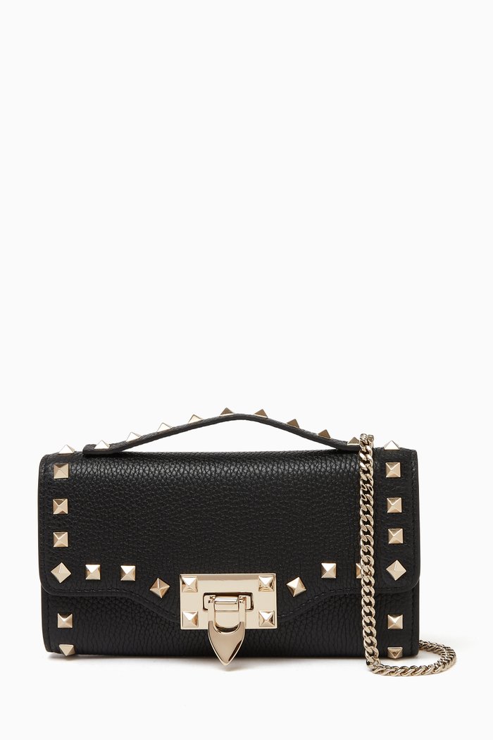 

Valentino Garavani Rockstud Wallet on Chain in Leather, Black