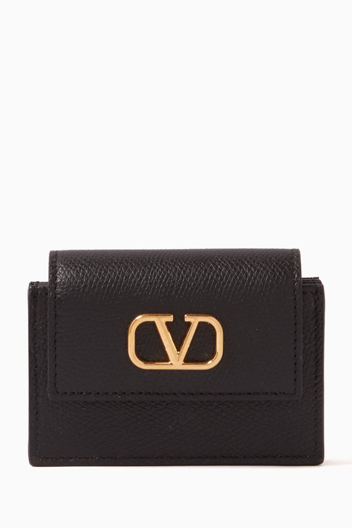 

Valentino Garavani VLOGO Flap-over Card Holder in Vitello Grained Leather, Black