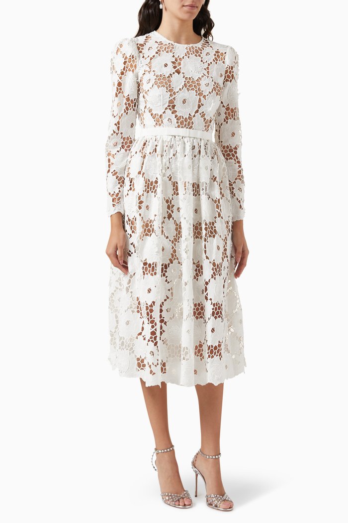 Midi Dress in 3D Cotton Lace, White