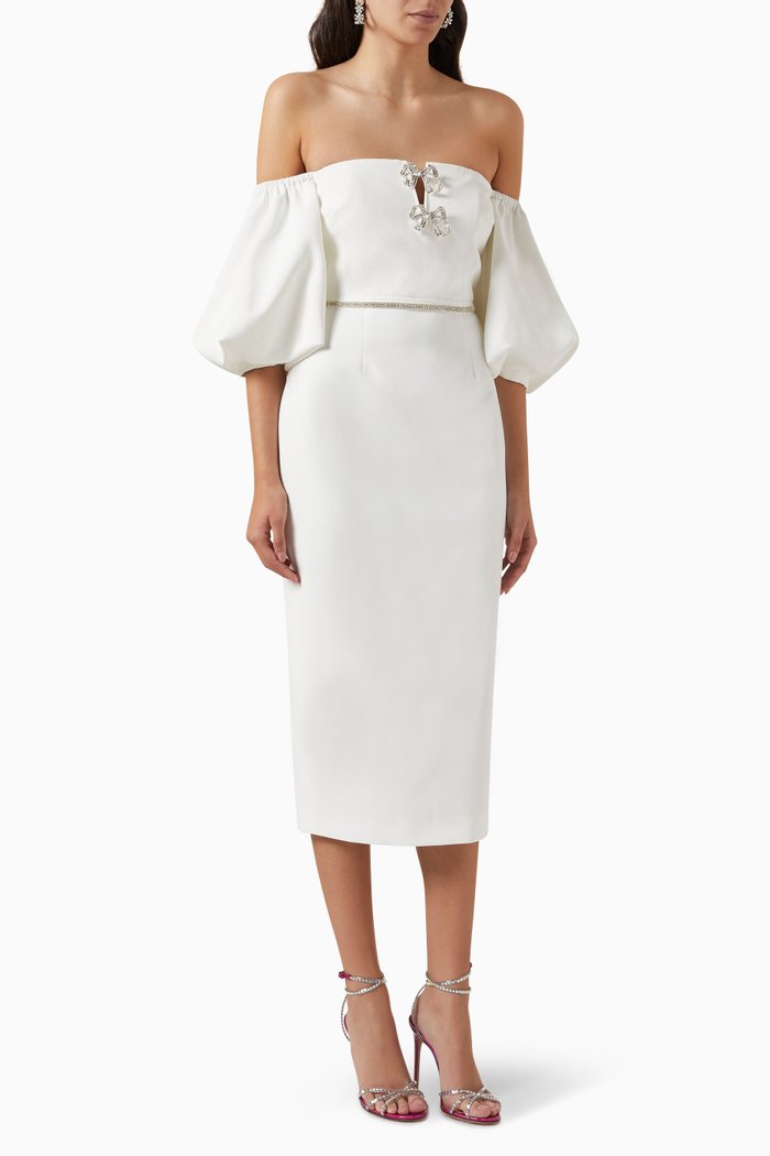 

Bow Midi Dress in Crepe, White