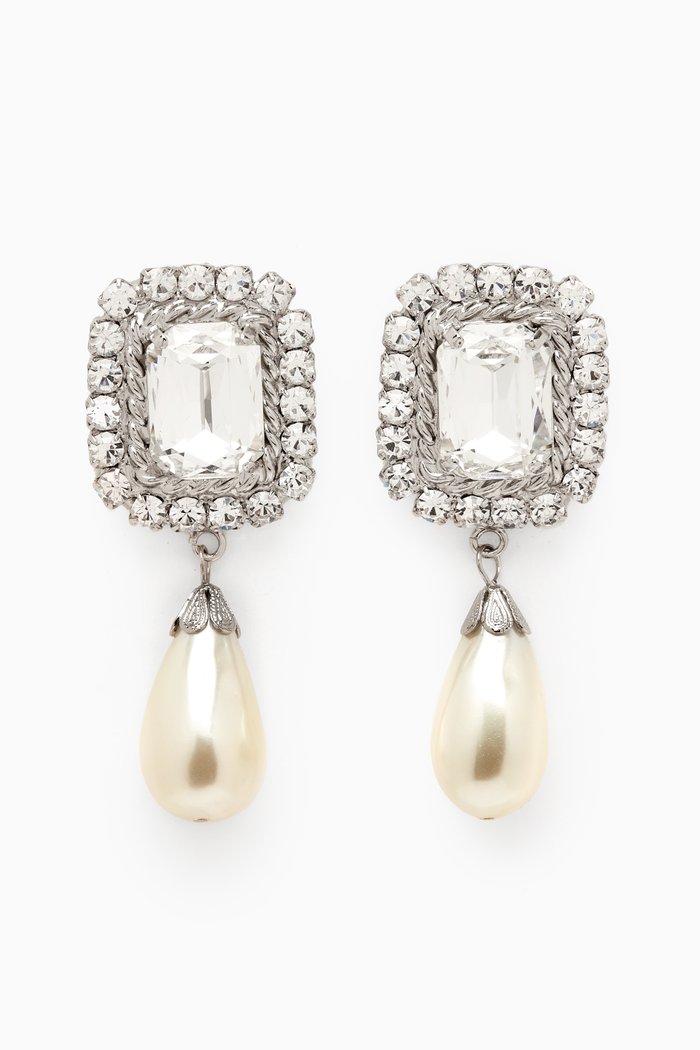 

Crystal Pearl Drop Earrings in Brass, Silver