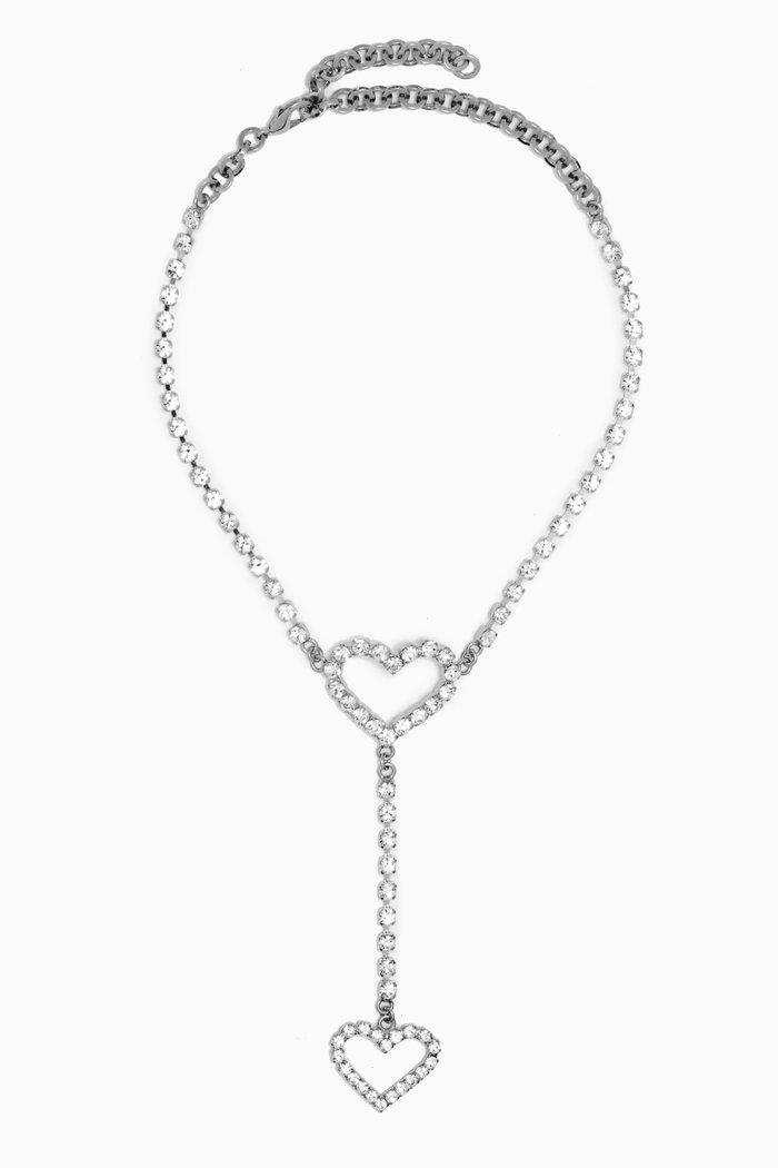 

Crystal Heart Lariat Necklace in Brass, Silver