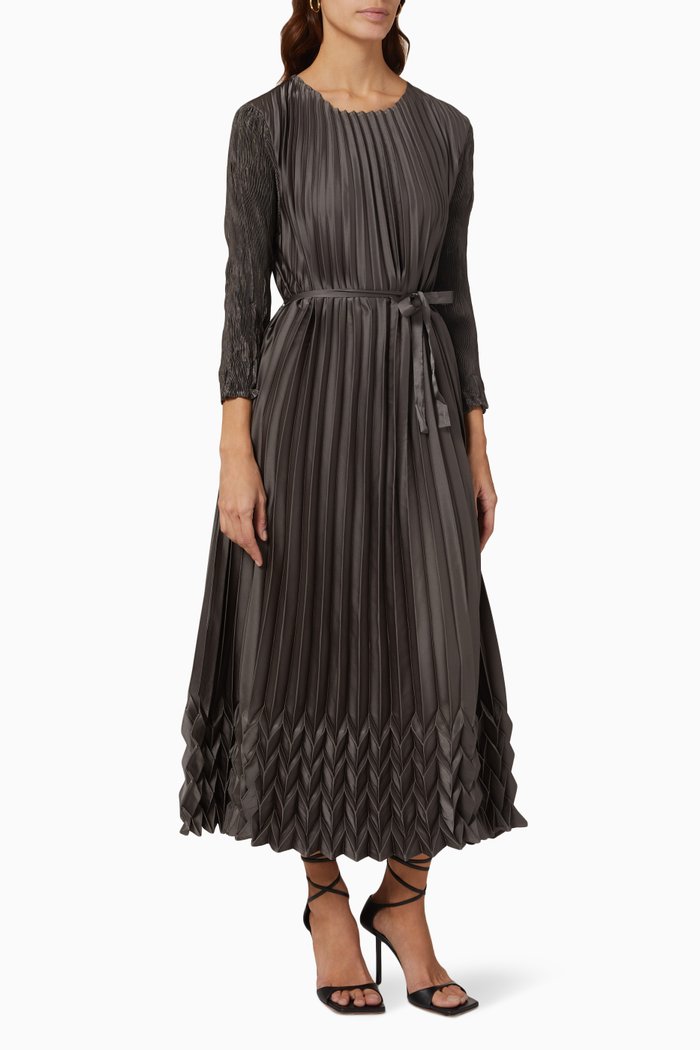 

Emma Pleated Dress in Satin, Grey
