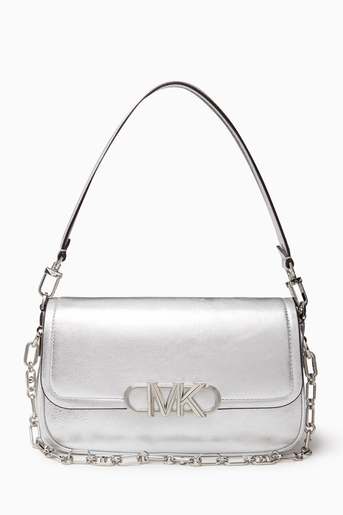 

Medium Parker Convertible Pouchette Bag in Metallic Leather, Silver