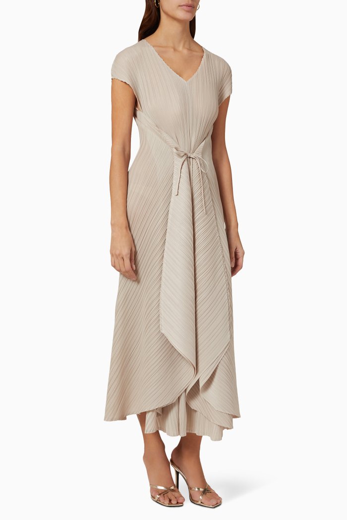 Lily Draped Midi Dress in Plissé, Neutral