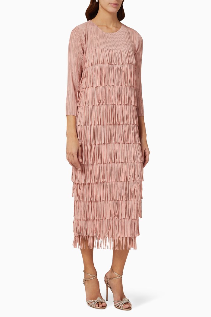 

Gisa Fringed Midi Dress in Plissé, Pink