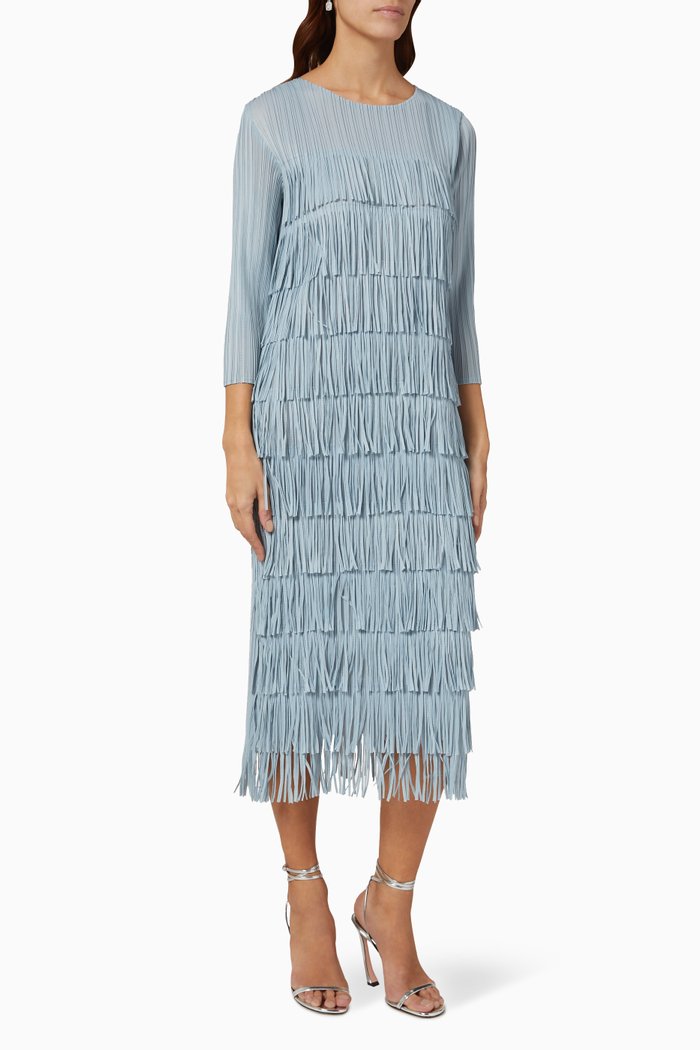 Gisa Fringed Midi Dress in Plissé, Blue