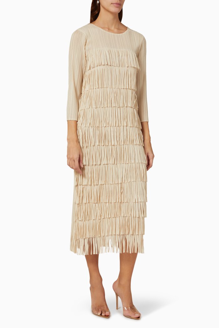

Gisa Fringed Midi Dress in Plissé, Neutral