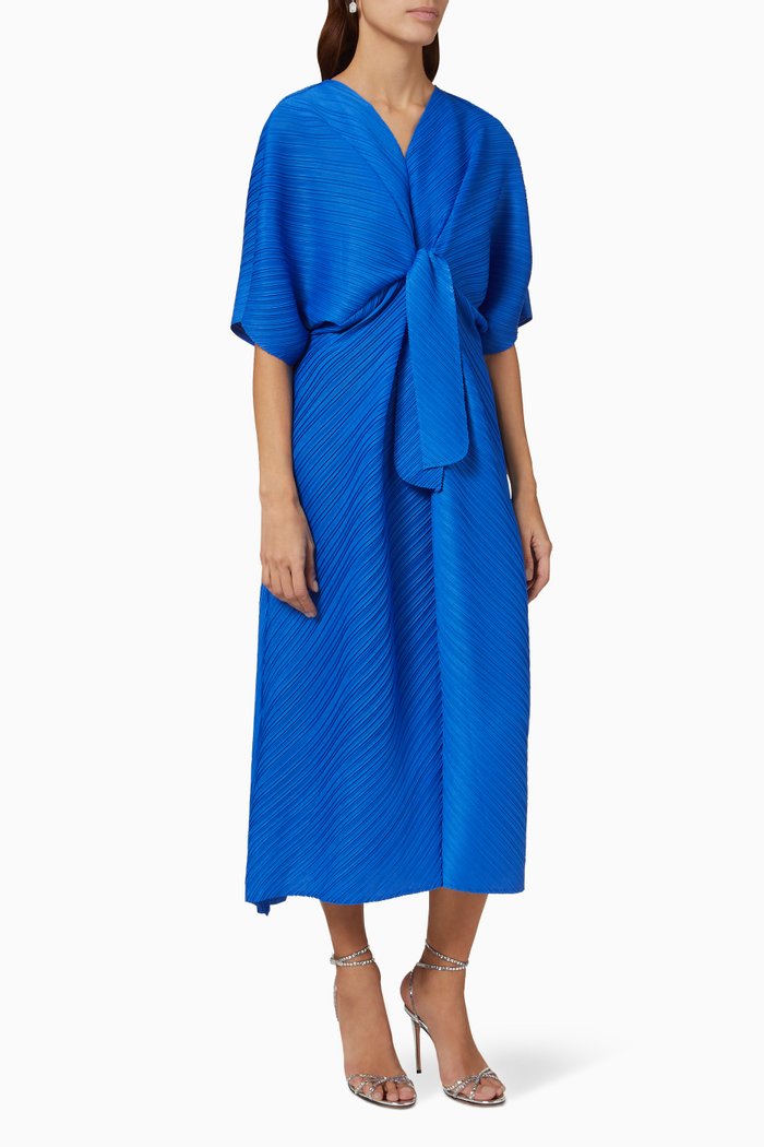 

Mia Tie-front Midi Dress in Plissé, Blue